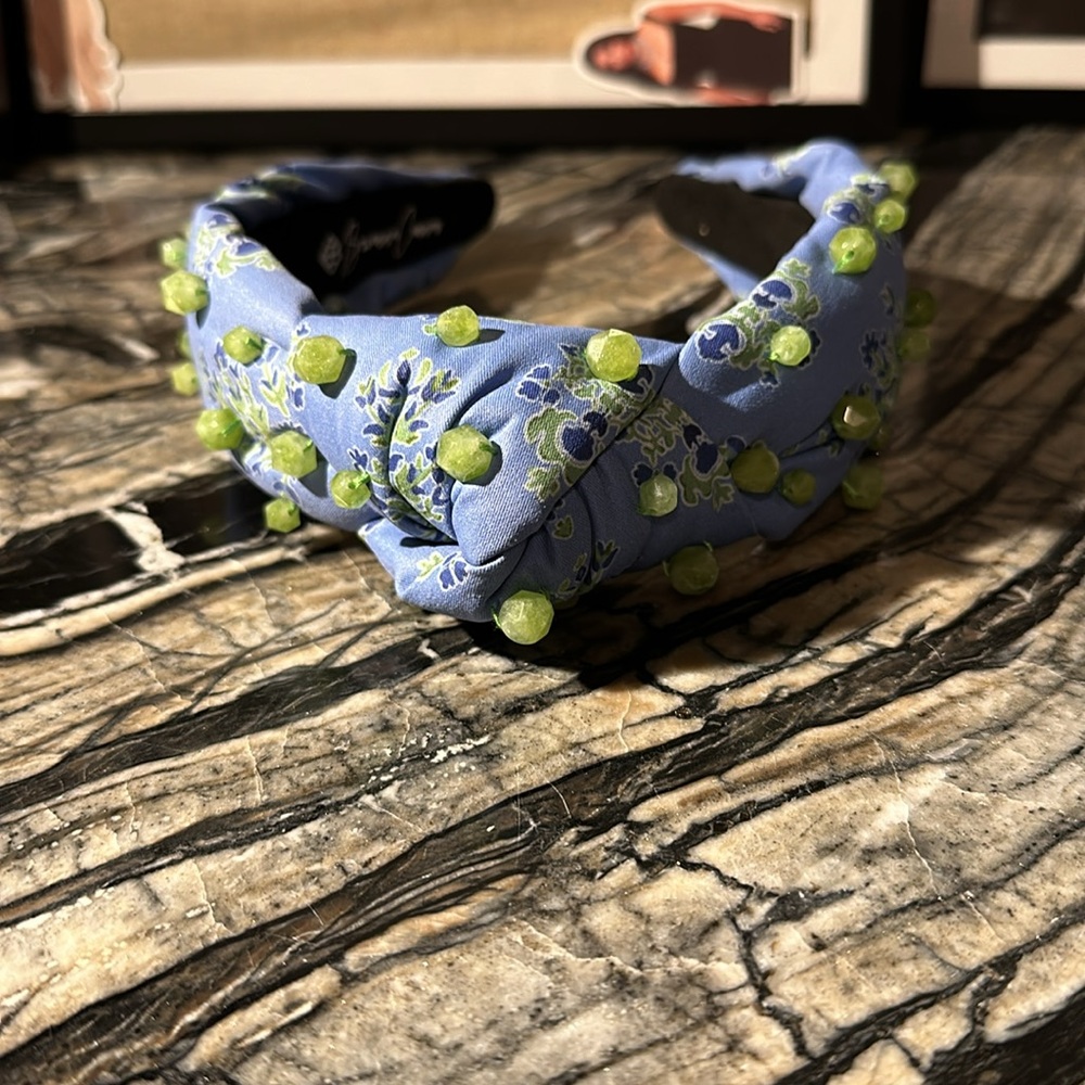 BRIANNA CANNON adult size Cornflower Blue and Green Block Print Knot Headband